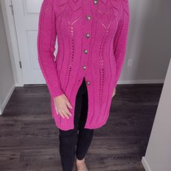 Hand Knit Hot Pink Long Cardigan, Button Up. Knitted Of Acrylic Metallic Yarn. One Size Fits Most S/ M.
