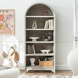 5-Tier Bookcase and Bookshelf- Natural Wood Veneers & Water Based Paint Finished- 71 Inch Arched Vintage Display Shelf for Living Room, Home, Office (