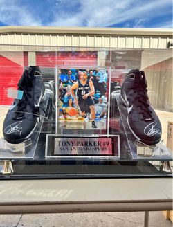Signed Tony Parker framed shoes and jersey