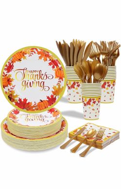 210Pcs Turkey Thanksgiving Party Supllies Autumn Friendsgiving Disposable Tableware Turkey Paper Plates, Napkins, Cups, Cutlery for Fall Thanksgiving