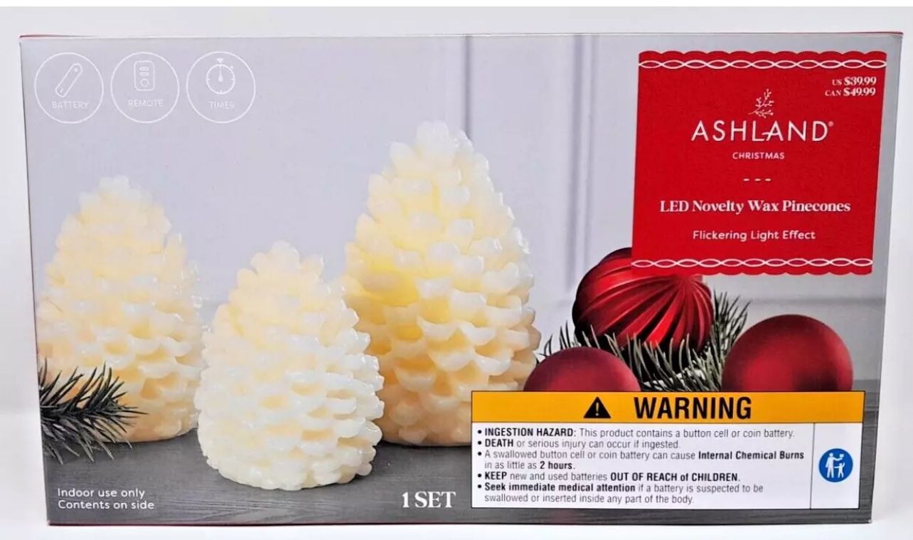 Ashland LED Flickering Light Set Battery Operated Wax Pinecones W/Remote