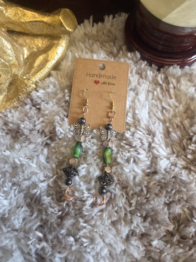 Handmade Butterfly Earrings with Green Accents