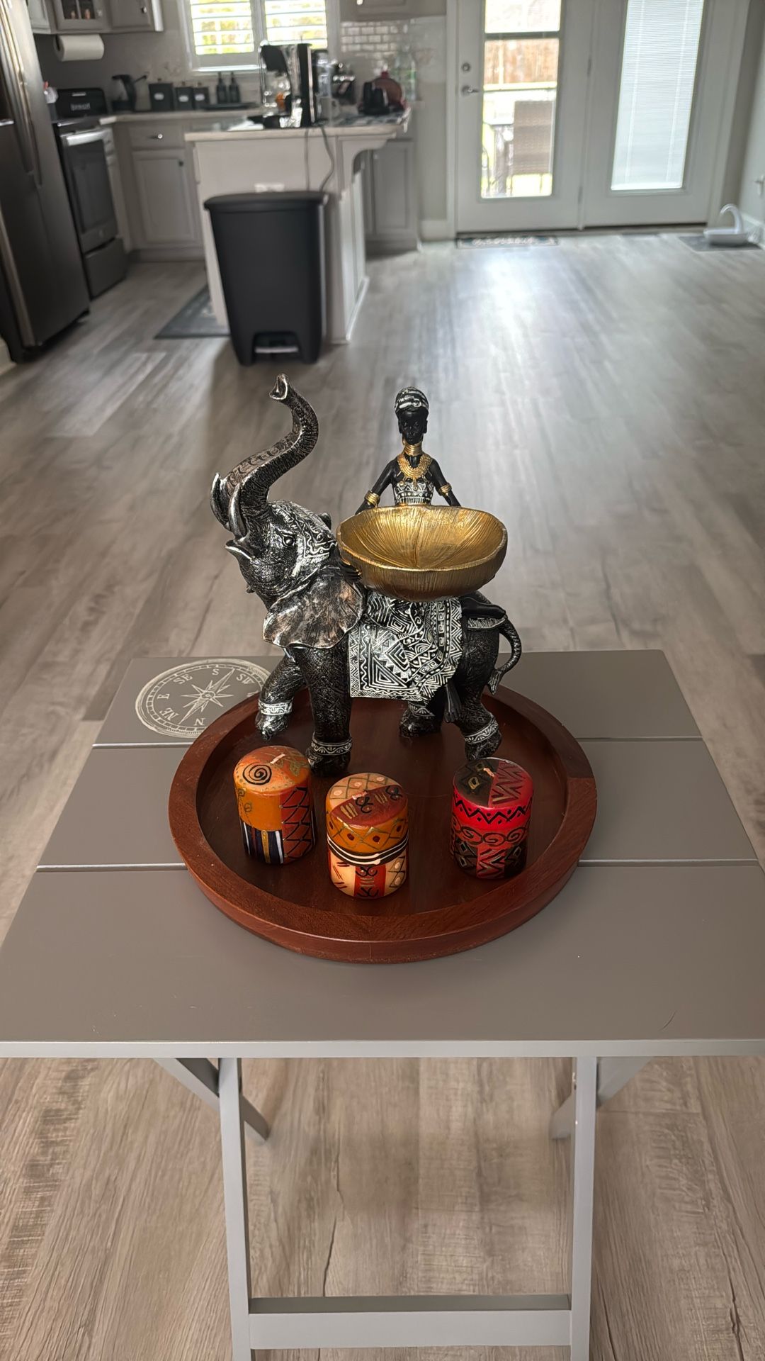 Round Wood Lazy Susan, 3 Candles & African Elephant