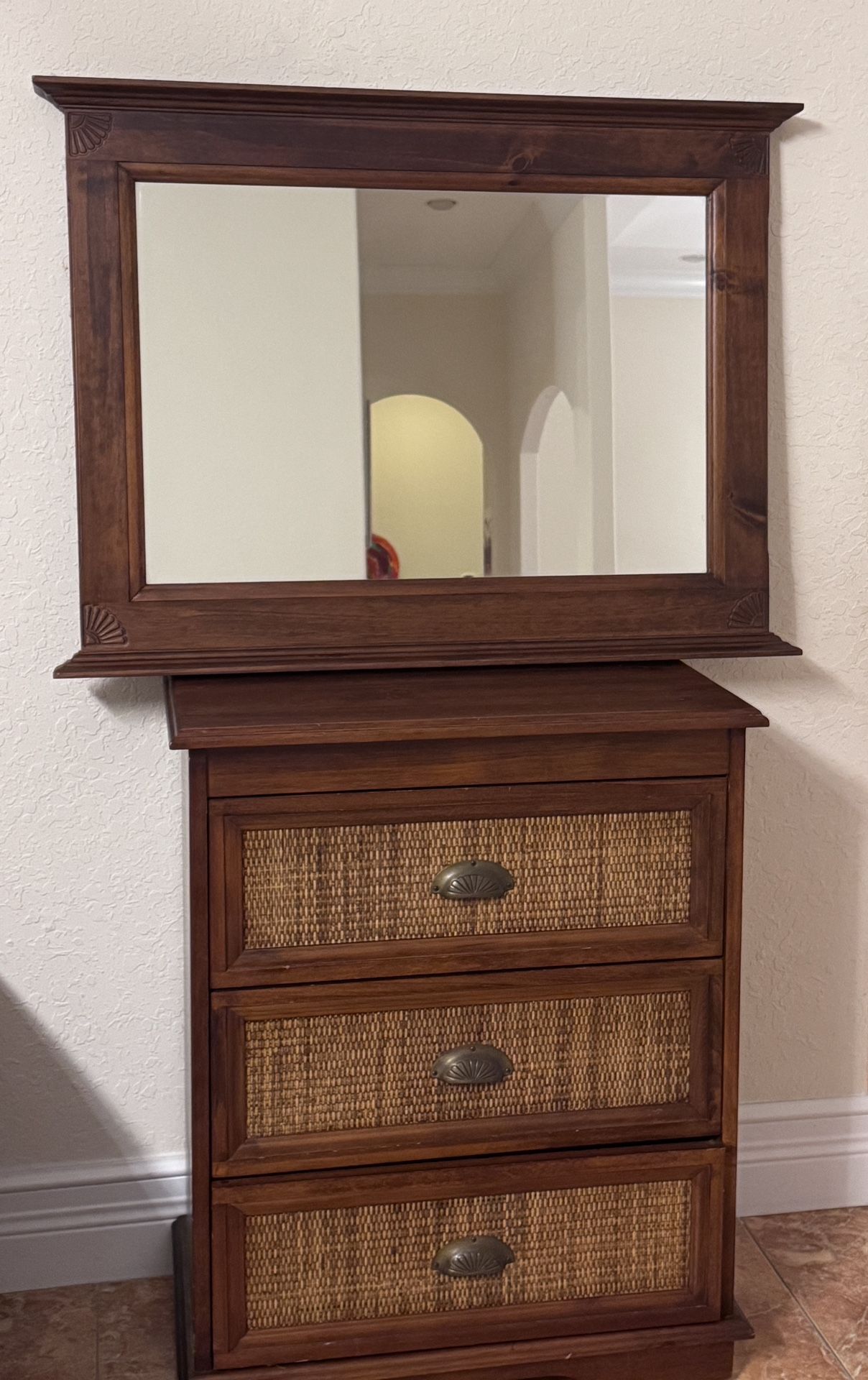 Wooden Three drawer Dresser With Rattan And Antique Metal And Matching Wooden Mirror (Can Be Separate) 