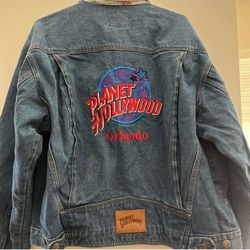 Vtg 90s Planet Hollywood Orlando Blue Denim Jacket Embroidered Big Patch Sz XL