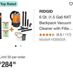 New In Box Ridgid Nxt 1.5 Gal Backpack Vacuum With All The accessories