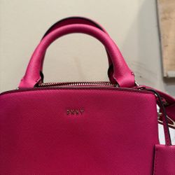 DKNY Pink Saffiano Small Satchel Top Handle Zip Detachable Strap Gold Logo