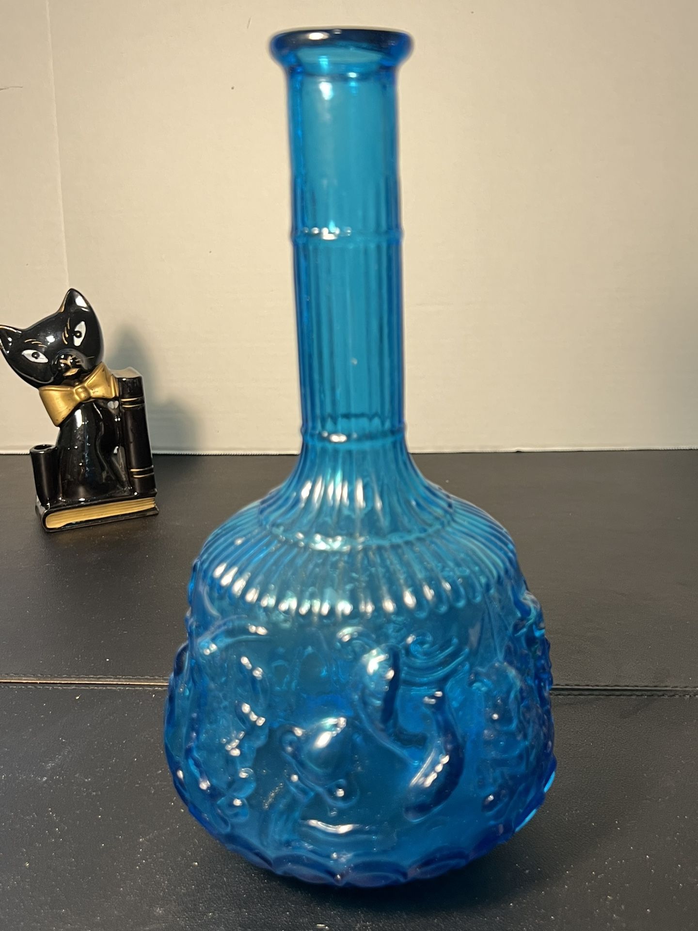 Empoli Italy Vintage MCM Zodiac Signs Blue Glass Bottle Decanter, 4.5x9.5”