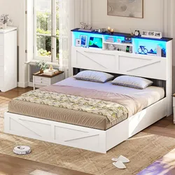 Farmhouse Bed Frame with Bookcase Headboard & 4 Storage Drawers - Rustic Wooden Platform Bed with LED Lights , No Box Spring Needed