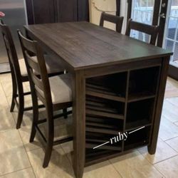 Dark Brown Color ✓ Rokane 5 Piece Set -Counter Height Dining Table And 4 Chairs ✓ Showroom Available 