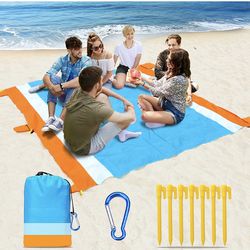 Beach Blanket 79X83" Sandproof Waterproof Lightweight Portable Beach Mat with 7 Plastic Floor, 210D Nylon Picnic Pocket Blanket for Park Beach Hikin