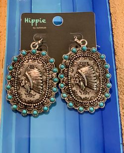 Western Indian Head Oversized Earrings With Blue Stones