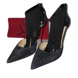 Christian Louboutin Courtain Ankle Black Fringe Pointed Toe Pumps Shoes 38.5