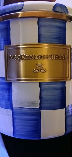 MacKenzie-Childs Royal Check Small Enamel Canister Blue Kitchen Storage