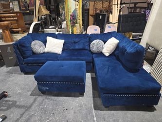 Blue Velvet Sectional Sofa with Ottoman