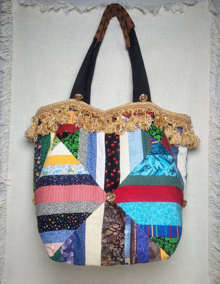Bag Tote Fabric Shoulder Two Straps Patchwork Tassels Lined One Of A Kind Original