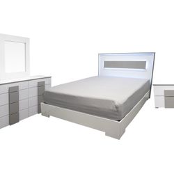 Glossy White & Grey BEDROOM SET with LED LIGHT / Juego De Cuarto Blanco Brillante Con Luz LED 🔥🔥