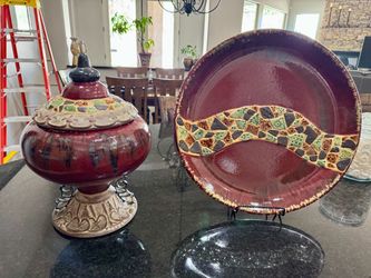 Decorative Ceramic Lidded Jar and Plate Set