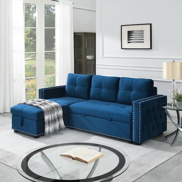 Velvet Sectional Sleeper Sofa Bed Button Tufted Couch with Reversible Storage Chaise Blue