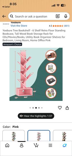 Yoobure Tree Bookshelf - 6 Shelf Retro Floor Standing Bookcase, Tall Wood Book Storage Rack for CDs/Movies/Books, Utility Book Organizer Shelves for B