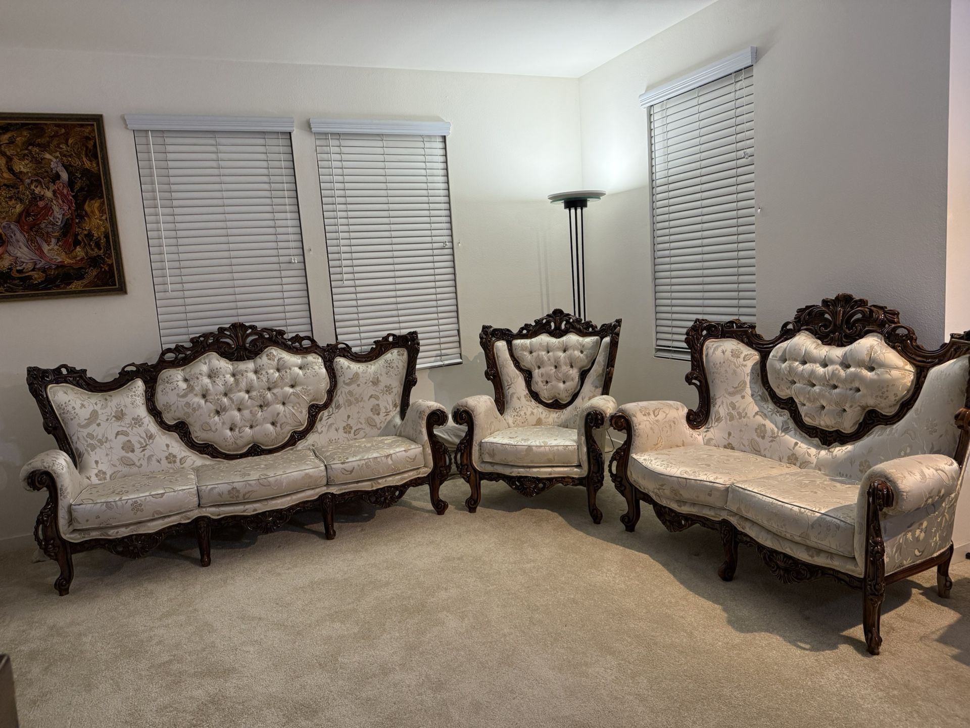Elegant Victorian Sofa Set with Ornate Baroque Coffee Table
