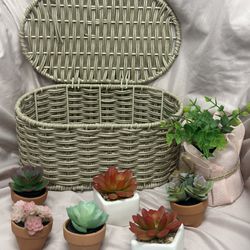 Basket with cactus decorations  6 small cactus 1 larger  