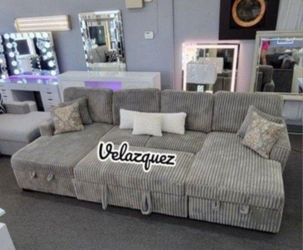 ✅️✅️3 pc Smoke grey corduroy fabric sectional sofa with double storage chaise and pop up sleep area in center✅️✅️