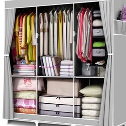 Portable Closet Organizer and Storage with 3 Hanging Rods for Hanging Clothes, 6 Wardrobe Closet Storage Shelves for Bedroom, Easy to Assemble, Grey