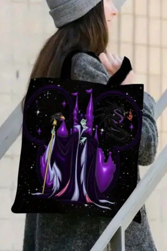 Maleficent Large Capacity Linen Tote Bag - Durable, Lightweight, Black with Purple & White Cosmic Design