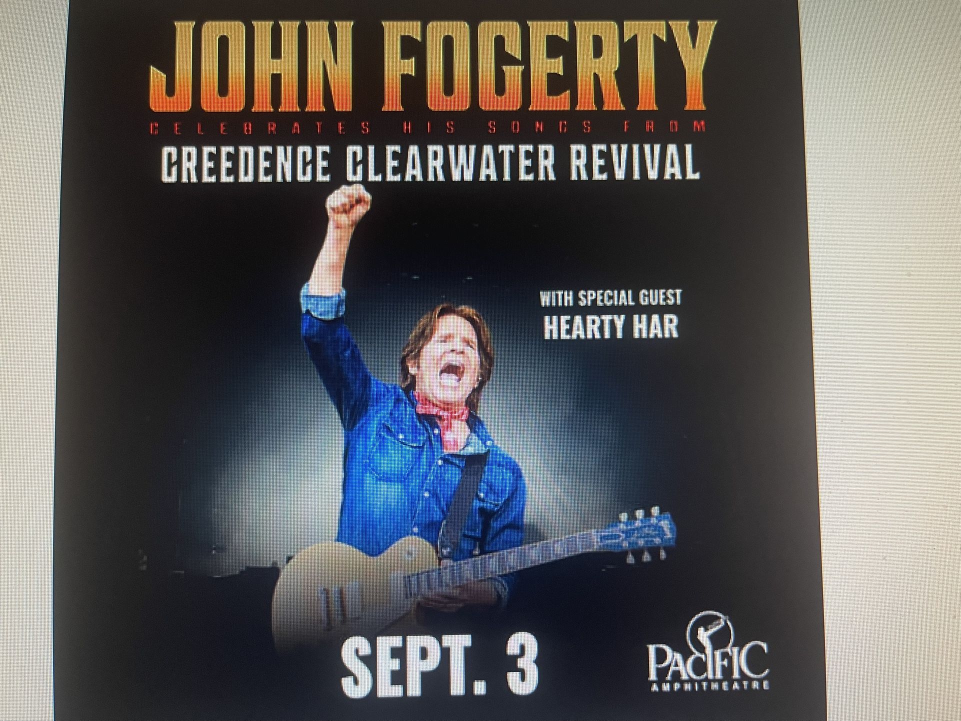 John Fogerty 3rd Row From Stage  Tickets At The Pacific Amphitheater September 3rd