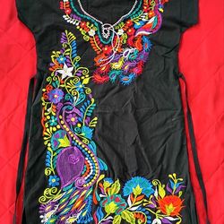 Traditional Mexican Black Floral Mini Dress Size Small