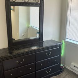 Dark brown dresser with mirror and night stand set