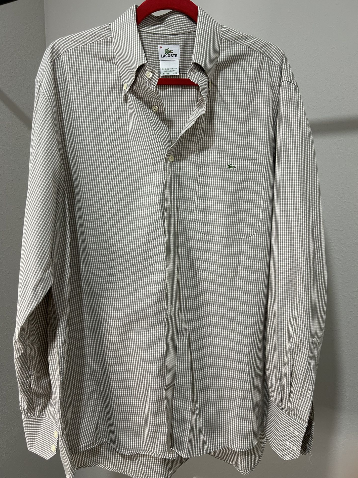 Lacoste Button Down Shirt Mens 44 XL Brown Taupe Gingham Plaid Long Sleeve