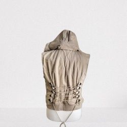 Rare FREDERICK'S OF HOLLYWOOD Tan Faux-Fur Cargo Zip Hoodie Vest w/Lace-Up Corset Back