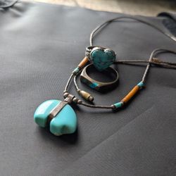 Vintage Silver Turquoise Necklace And Rings.