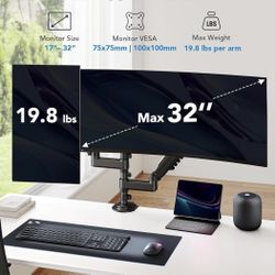 HUANUO 17-32 Inch Dual Monitor Stand, Gas Spring Dual Monitor Mount, Monitor Stand 2 Monitors
