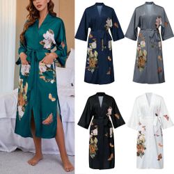 Women’s Kimono Robe Cover Up Long Floral Printed Sleepwear Satin 