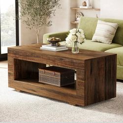 43" Farmhouse Coffee Table with Storage - Rustic Wooden Center Table with Spacious Drawer and Open Shelf, Living Room Accent Table, Durable & Stylish