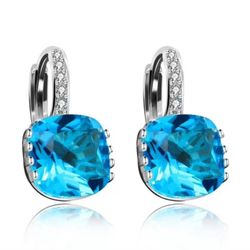 Uloveido Women's Silver Tone Clear Light Blue CZ Square Bridal Pierced Stud Drop Earrings - Fashion Crystal Bridal Jewelry DML115