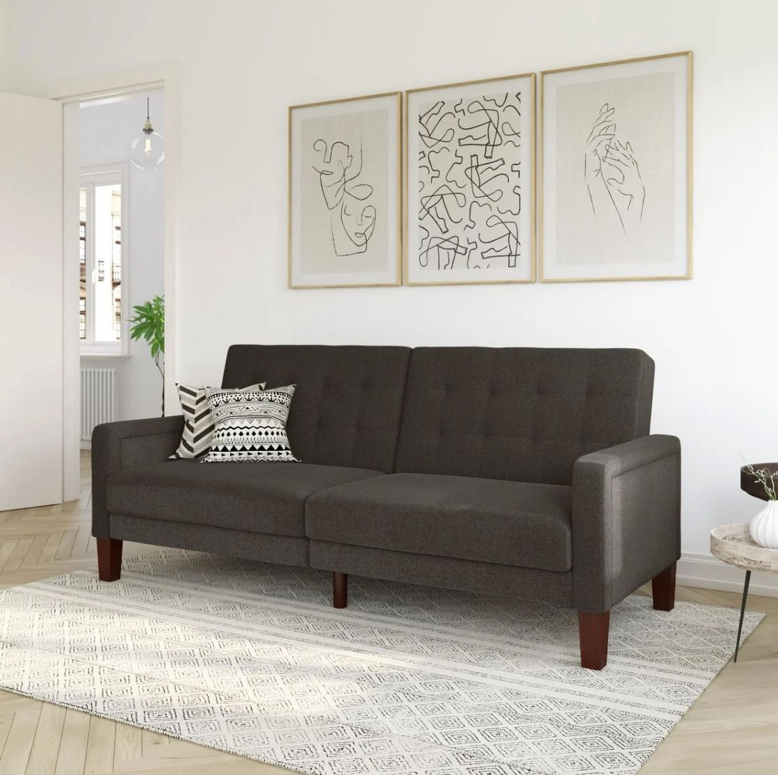 Fabric Tufted Futon, Gray Linen