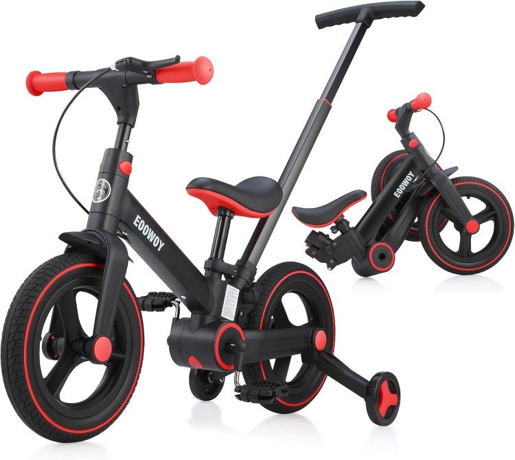 Balance Bike with Push Handle for Kids 1-3 Years, 6 in 1 Foldable Push Bike with Training Wheels & Pedals, Balance Bike for Boys and Girls with Brakes