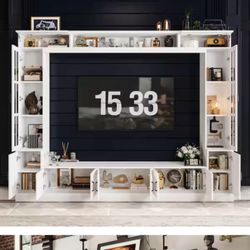 FUFU&GAGA 4-Piece White Wood Entertainment Center TV Stand with Tempered Glass Doors, TV Console, Bookshelves for TVs up to 73 in