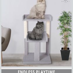 Lulu 2-Tier Gray Cat Tree Tower for Large Cats – Sturdy & Stable Cat Condo with Sisal Scratching Posts, Compact Vertical Design, Easy Assembly & Plush