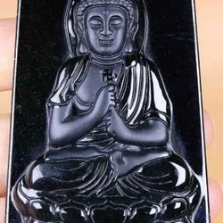 Burmese icy Black type A Jadeite Jade Pendant Lucky Buddha-Lotus. 