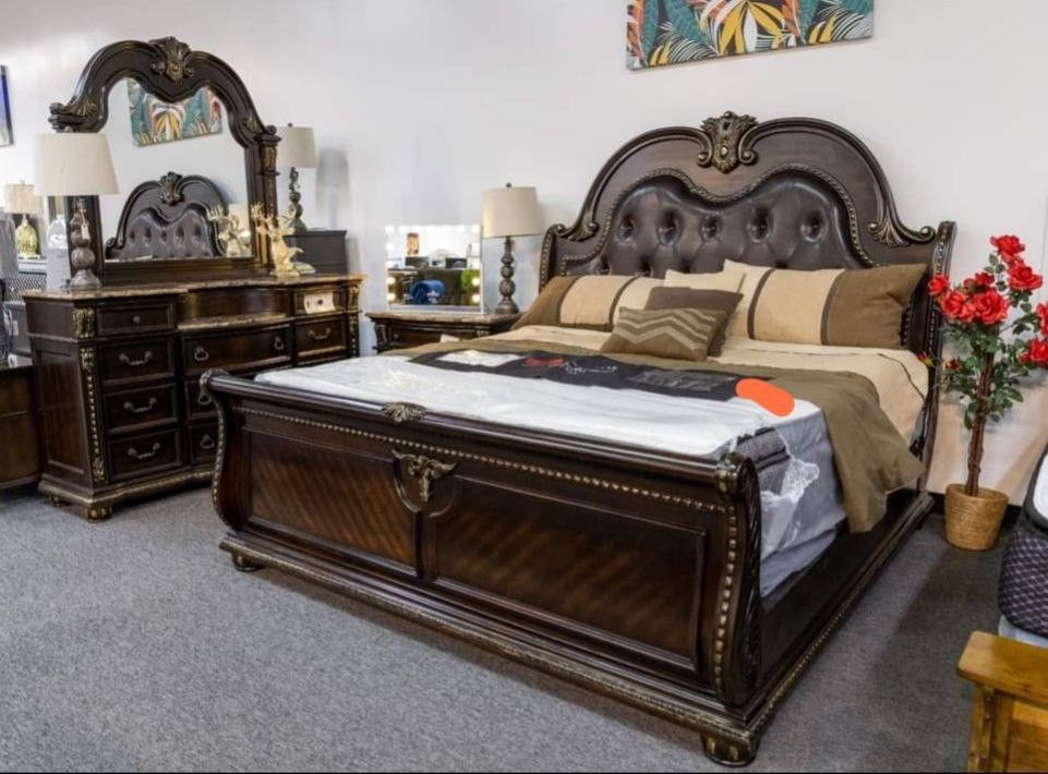 Brand New// Cherry Brown Upholstered Sleigh Bedroom Set// Bed,nightstand, Dresser, Mirror// Mattress Sold Separately