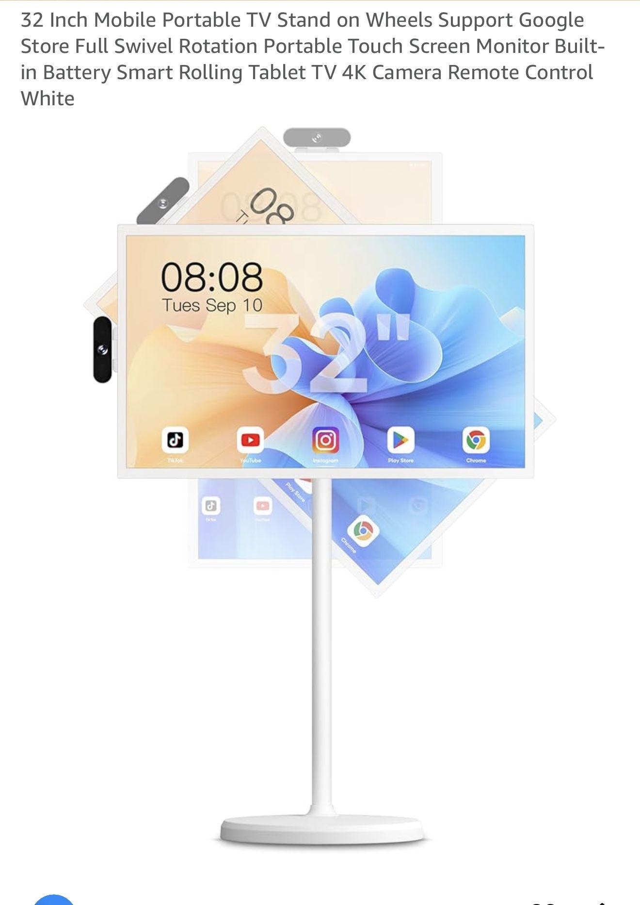 32 Inch Mobile Portable TV Stand on Wheels Support Google Store Full Swivel Rotation Portable Touch Screen Monitor Built-in Battery Smart Rolling Tabl