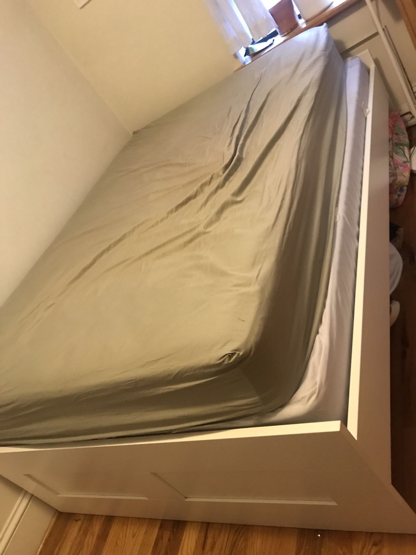 White full bed frame, mattress and box spring