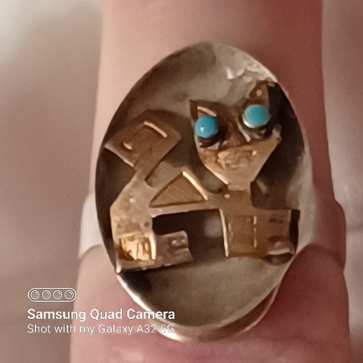 Estate Vintage 18kt. & Sterling Turquoise Eyes Cat Ring- Sz6-9
