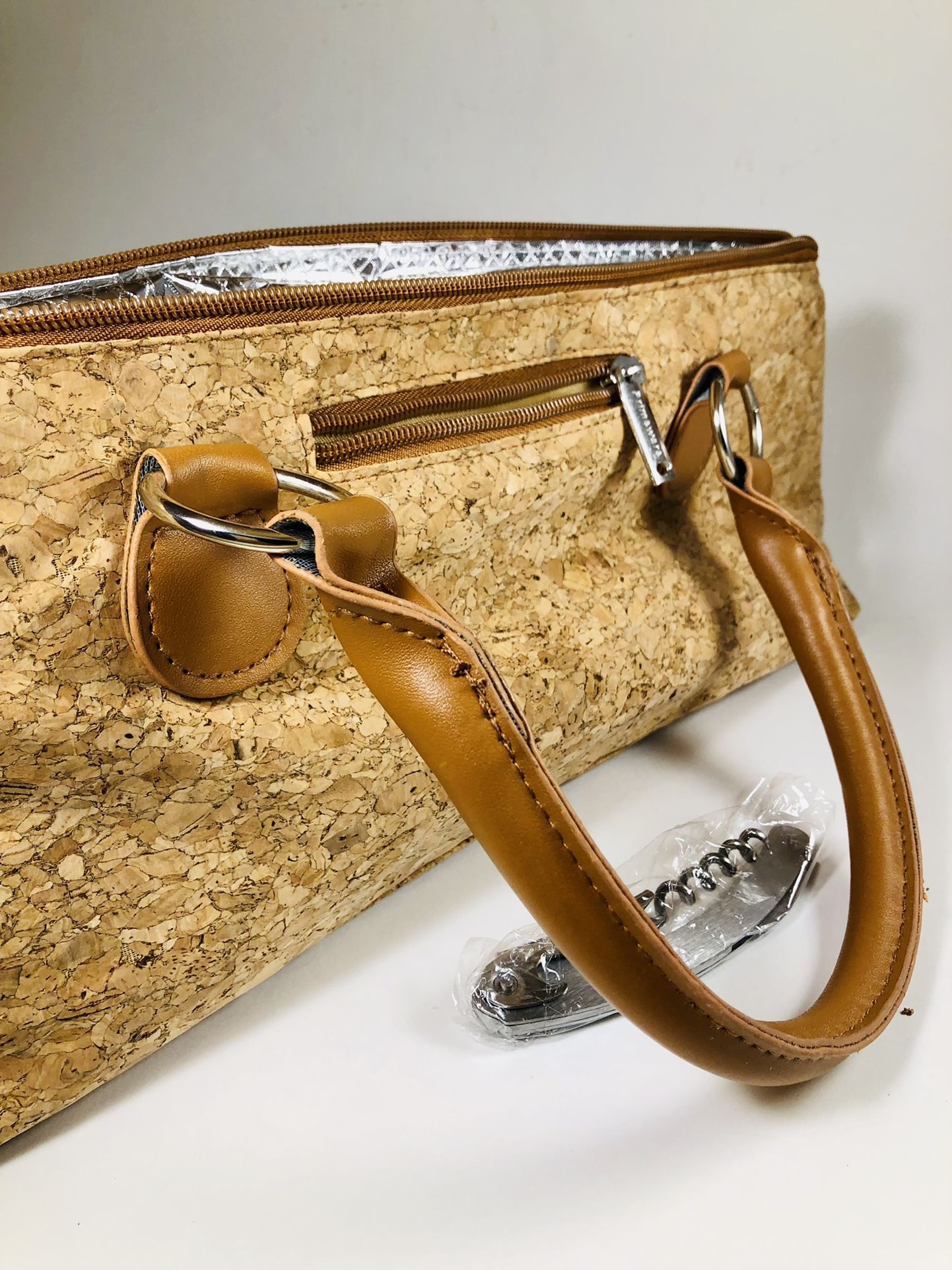 PRIMEWARE Insulated Wine Bag Clutch Tote w/ Corkscrew- Cork & Gold-