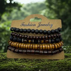 5 PC Handmade Boho Wood Bead Stackable 7” Plus Stretch Charm Bracelet New